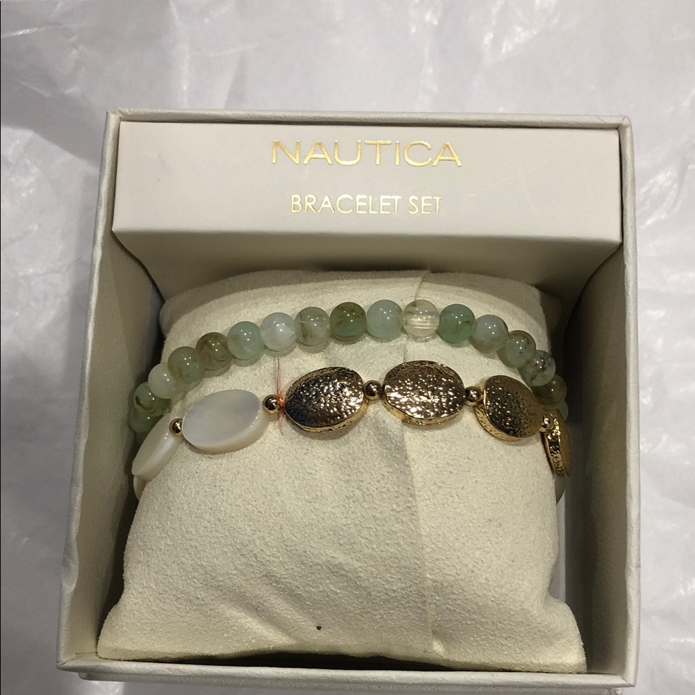 Nautica green jade look and stamped gold posted stretch double bracelet new